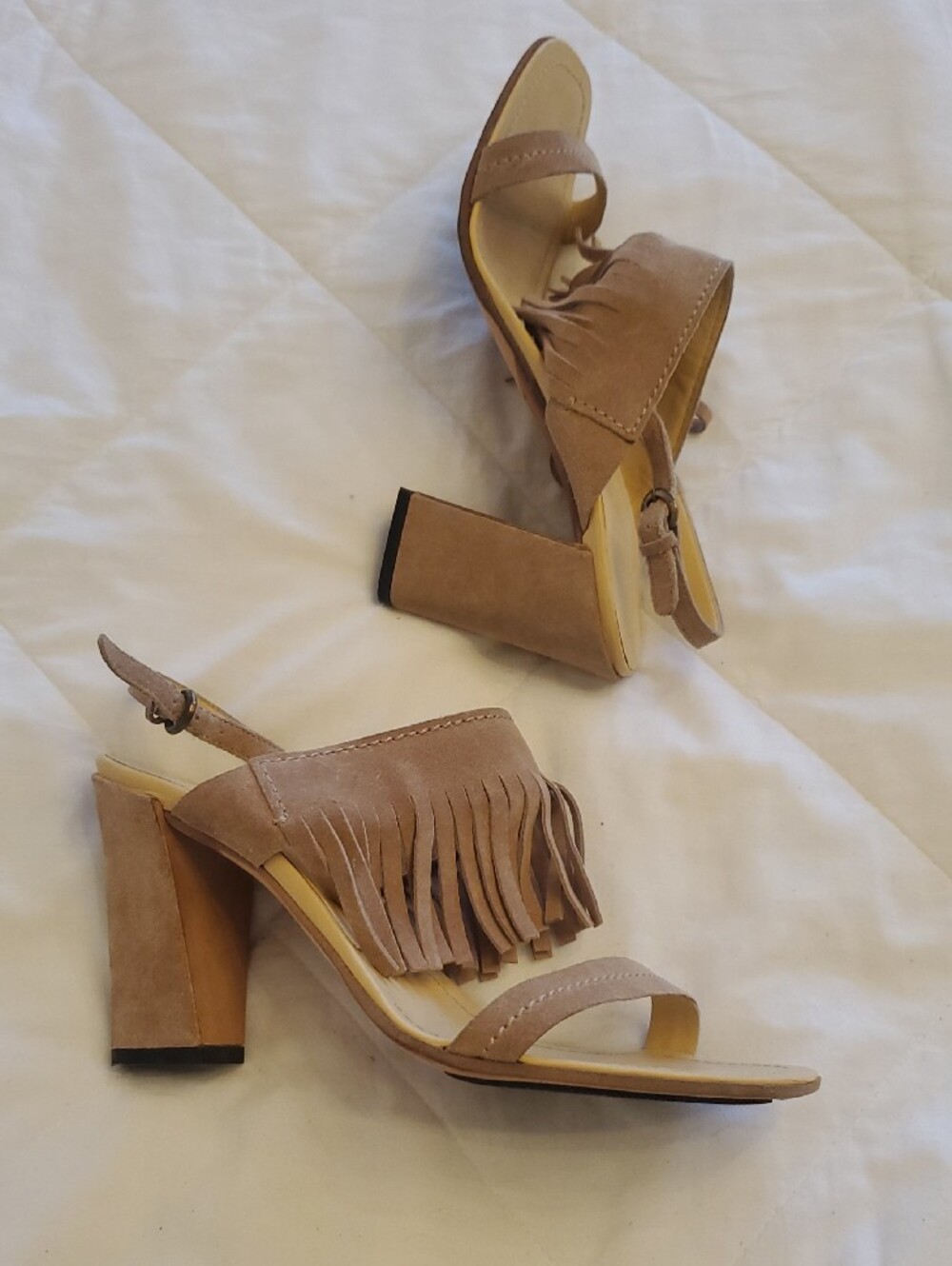 Miu Miu Beige Suede Fringe Block Heel Sandals